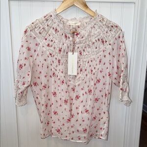 LoveShackFancy Pink Floral Blouse with Lace
